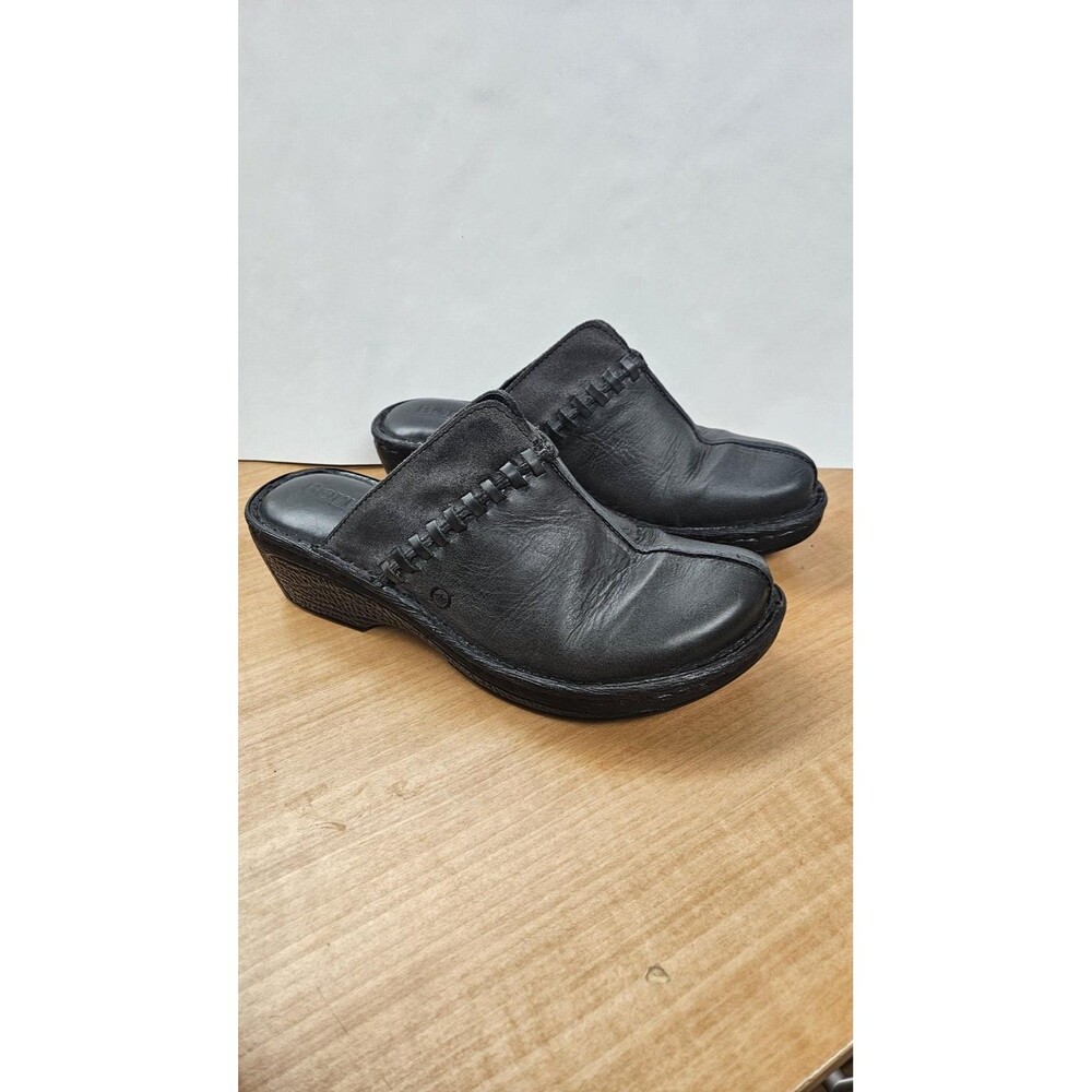 Born Clog Shoes Womens Size 9 Black Leather Slip On Comfort Wedge Clogs Mules